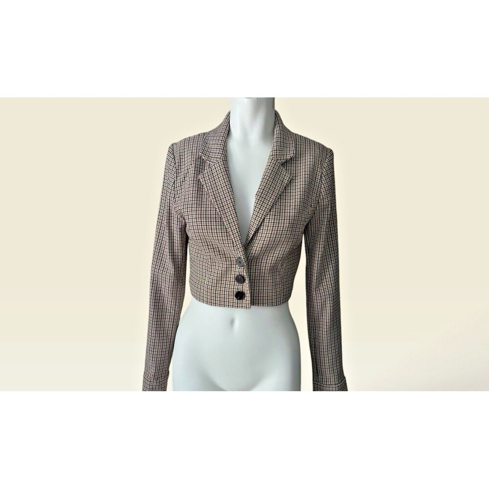 Y2K Forever 21 Colorblock Mixed Plaid Cropped Blazer Jacket Green White Size S